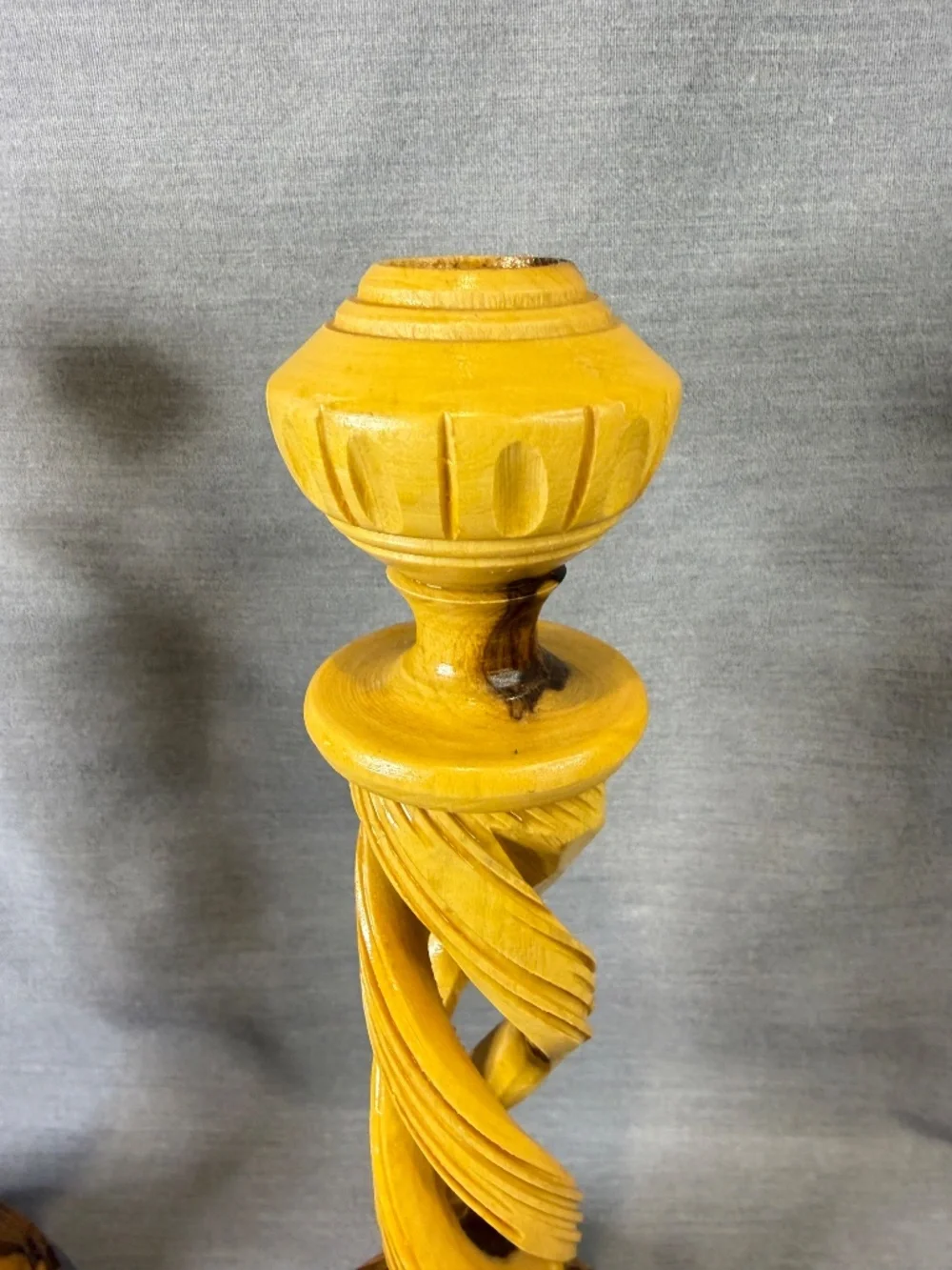 Olive Wood Candlestick Pair Hollow Spiral Barley Twist Hand Carved Bethlehem